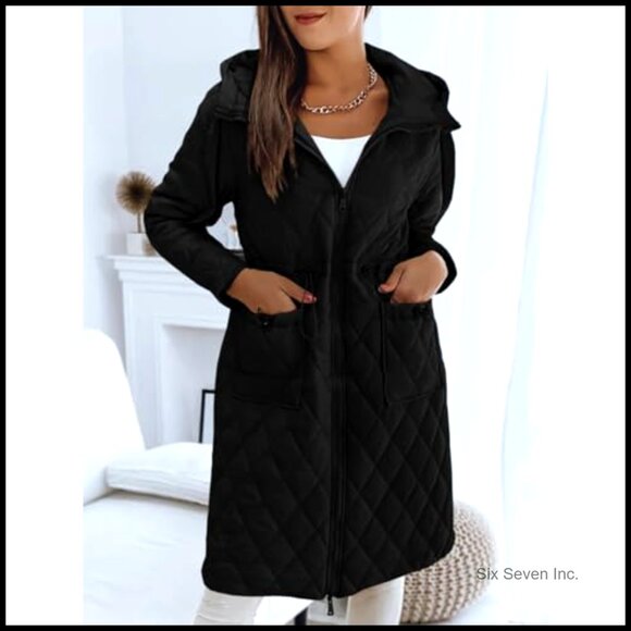Long Quilted Puffer Jacket Lightweight Zip Hooded Drawstring Winter Coat - Picture 2 of 6